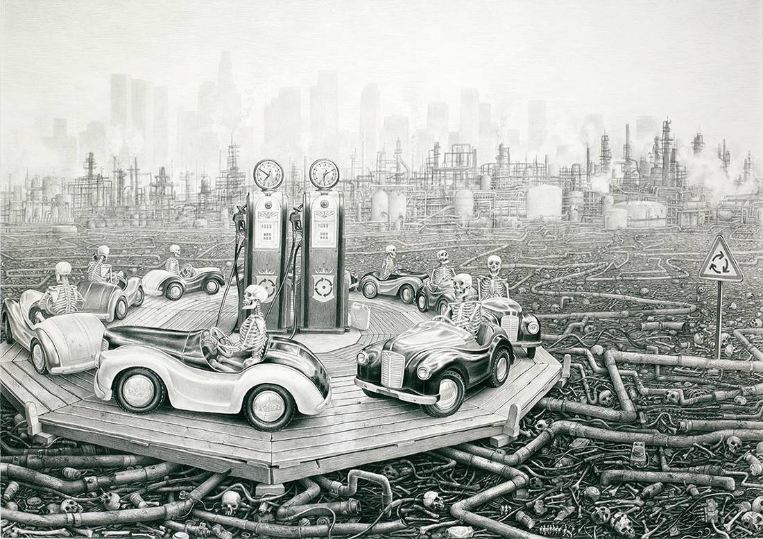 Laurie Lipton, lápiz, dibujo, 'Round and Round 2012' ('Vueltas y más vueltas 2012'), carboncillo y lápiz sobre papel, 94x134.6cm / 37