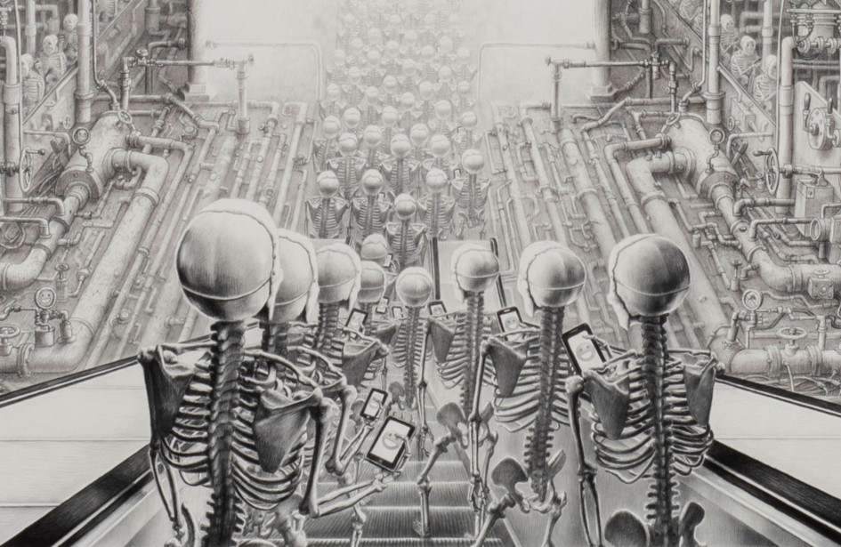 Laurie Lipton, dibujo, 'Happy 2015' ('Feliz 2015'), carboncillo y lápiz sobre papel, 173.5x263.5 cm / 68 1/4