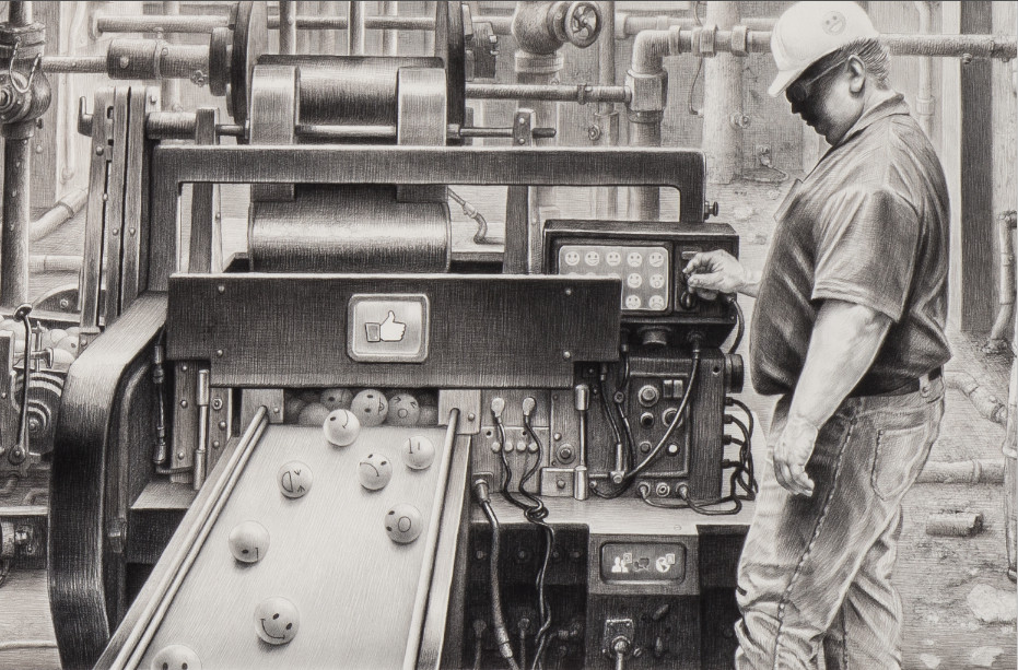 Laurie Lipton, dibujo 'EMOTING 2016', carboncillo y lápiz sobre papel, 121.9x213.4 cm / 48