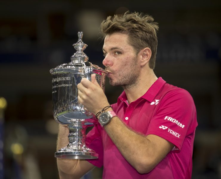 Sep 11, 2016; New York, NY, USA; Stan Wawrinka (SUI) poses with the trophy after his match against Novak Djokovic (SRB) on day fourteen of the 2016 U.S. Open tennis tournament at USTA Billie Jean King National Tennis Center. Mandatory Credit: Susan Mullane-USA TODAY Sports