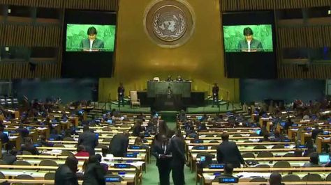 El presidente Evo Morales durante su intervención en la Asamblea General de la ONU. Foto: Captura Bolivia Tv