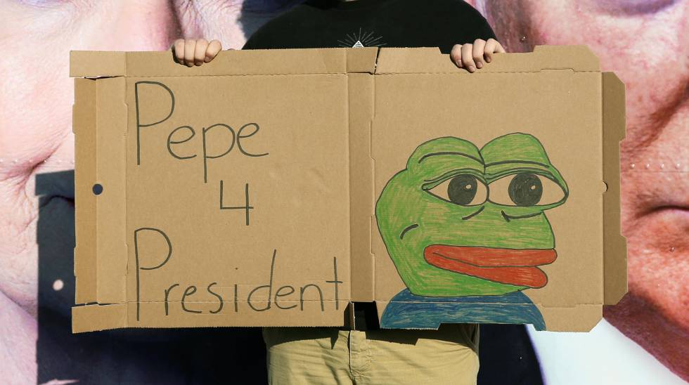 Un joven sujeta un cartel que muestra a la Rana Pepe