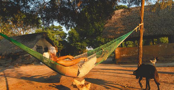 un sueñito despreocupado el placer de dormir bajo los árboles Este hombre descansa en una población rural de la provincia Sara. Está bajo la sombra y la brisa llega del suave movimiento de su hamaca