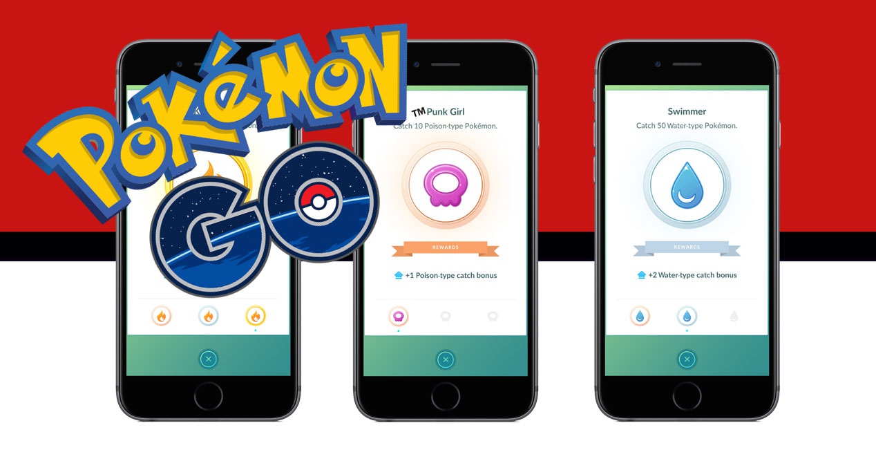 moviles con pantalla de medalla del bonus de captura y logo de pokemon go