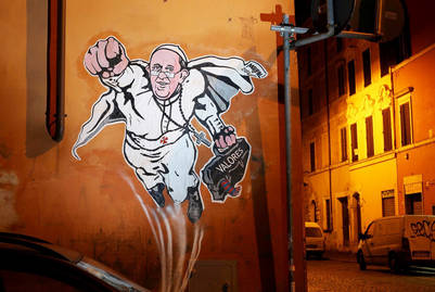 El primer mural sobre Papa de Maupal (Mauro Pallotta) en Borgo Pio./ Foto Victor Sokolowic