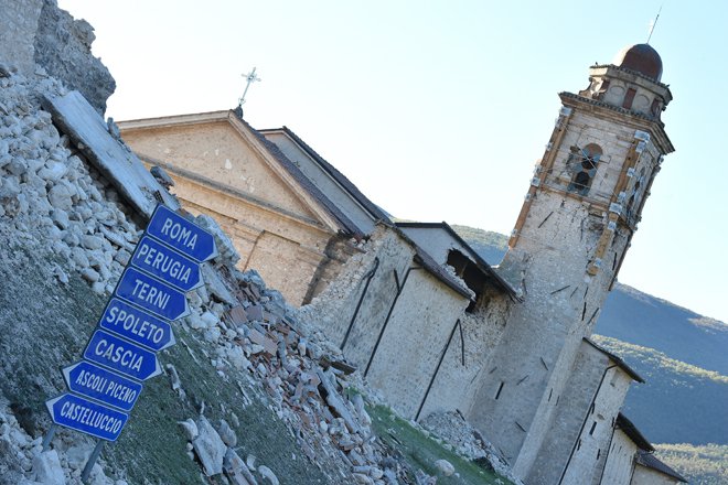 A wall has collapsed due to a 6.6 magnitude earthquake on October 30, 2016 in Norcia. It came four days after quakes of 5.5 and 6.1 magnitude hit the same area and nine weeks after nearly 300 people died in an August 24 quake that devastated the tourist town of Amatrice at the peak of the holiday season. Italy