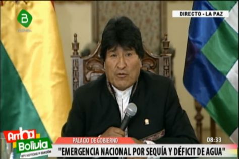 El presidente Evo Morales anuncia la declaratoria nacional de emergencia por la crisis del agua. Foto: Captura de Bolivia TV