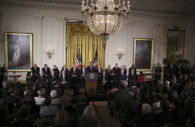 U.S. President Barack Obama speaks during his final Presidential Medal of Freedom ceremony as president in the White House East Room in Washington, U.S., November 22, 2016. REUTERS/Carlos Barria