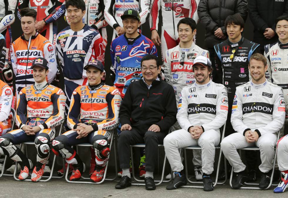 Pedrosa, Márquez y Fernando Alonso en un evento de Repsol Honda, el domingo.