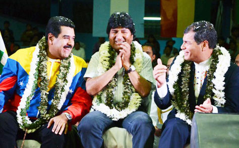 Los mandatarios Nicolás Maduro, Evo Morales y Rafael Correa