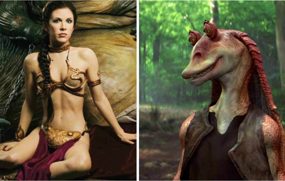 La princesa Leia con su ya legendario bikini y Jar Jar Binks, uno de los personajes más odiados de 'Star Wars'. La princesa Leia con su ya legendario bikini y Jar Jar Binks, uno de los personajes más odiados de