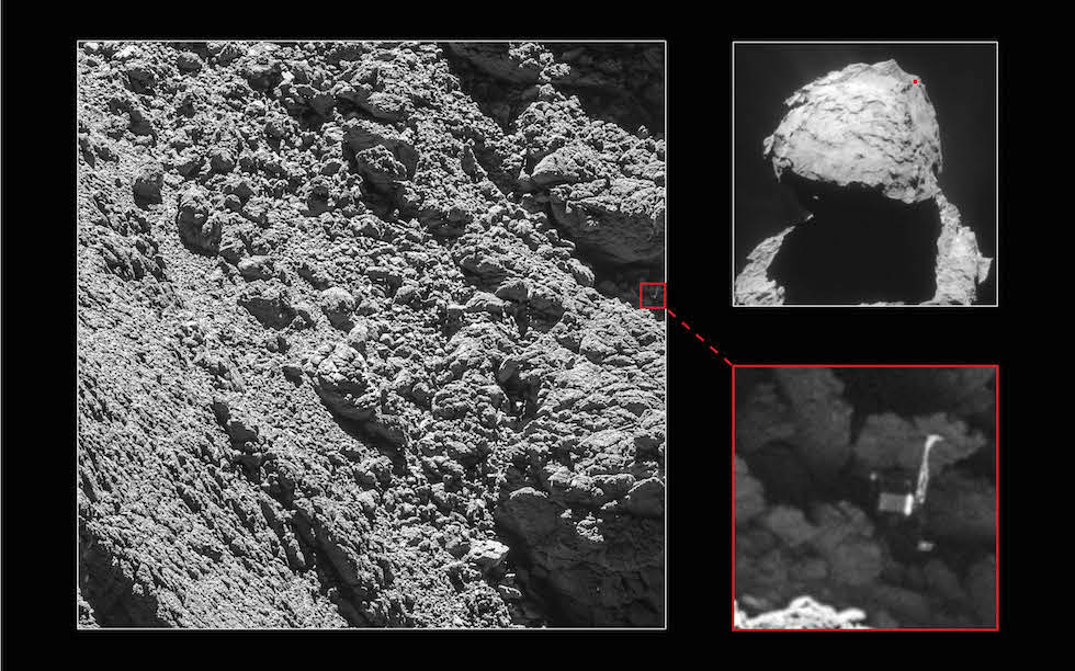 El lander Philae visible por primera vez sobre la superficie de la cometa a 67P en una foto tomada desde Rosetta el 2 de septiembre (ESA)