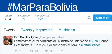 El tuit que publicó el presidente Evo Morales tras la muerte del ministro cubano Carlos Fernández Godín.