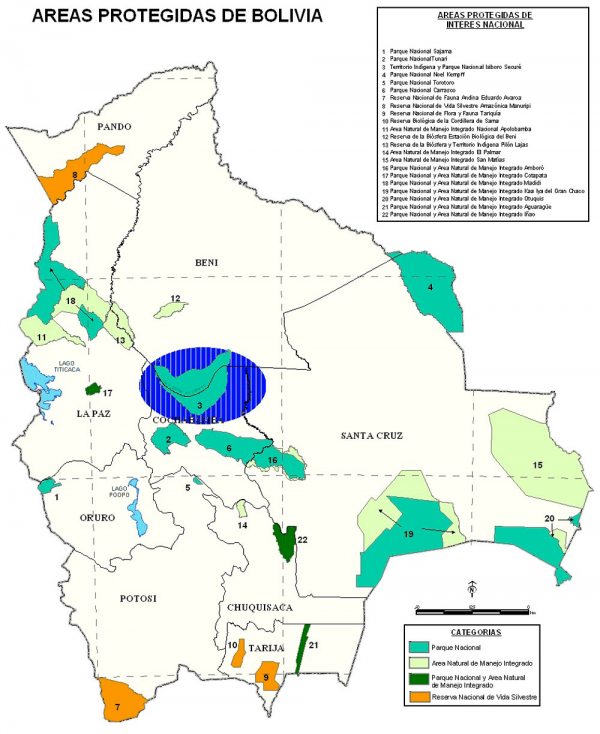 Mapa de áreas protegidas de Bolivia.