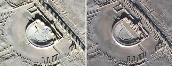 Esta comparativa de fotografías muestra imágenes detectadas por satélite del anfiteatro romano dañado en Palmira y del mismo monumento antes de que fuera demolido (AFP)