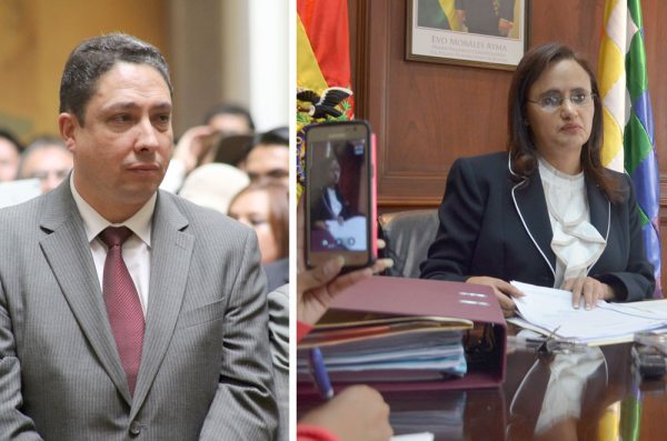 EL FLAMANTE POSESIONADO, MINISTRO DE JUSTICIA Y TRANSPARENCIA HÉCTOR ARCE Y LA SALIENTE LENNY VALDIVIA.