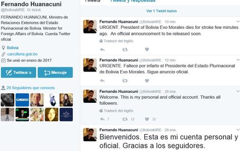 Éstas fueron las publicaciones que hicieron cuando la cuenta del canciller Fernando Huanacuni fue hackeada. 