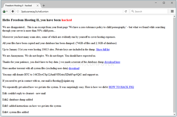 El mensaje dejado por los hackers en los sitios bloqueados (Bleepingcomputer)