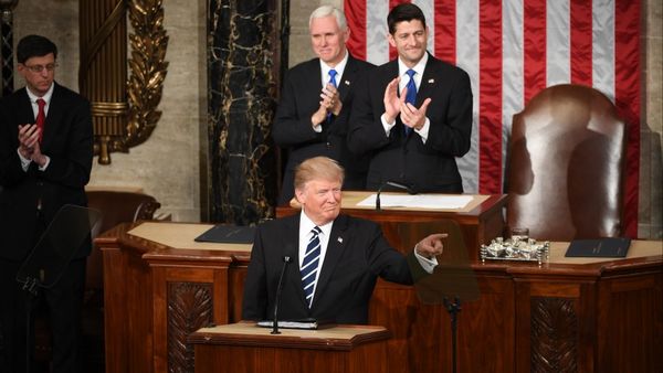 President Donald Trump gestures during his first address before a joint session of Congress. Must credit: Washington Post photo by Jonathan Newton