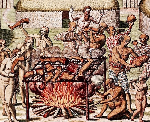Justificado como parte de rituales de purificación o vinculados a conquistas bélicas, el canibalismo era practicado por tribus de América desde la era precolombina. Representación de Theodore de Bry de 1592