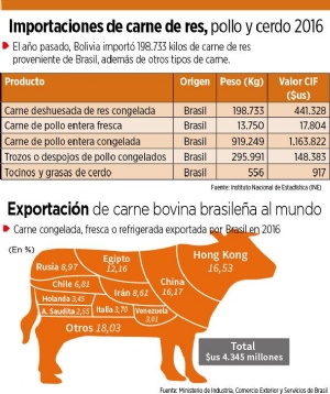 Datos de INE: Bolivia importó de Brasil 198.733 kg de carne de res