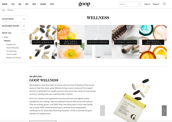 La sección Bienestar Goop se lanzó para competir en el mercado de los suplementos, de USD 36.700 millones. (goop.com)