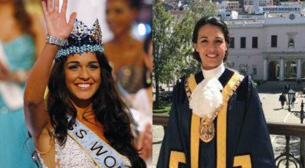 Kaiane Aldorino, el día que se conviritió en Miss Mundo 2009; a la derecha el pasado martes jurando el cargo
