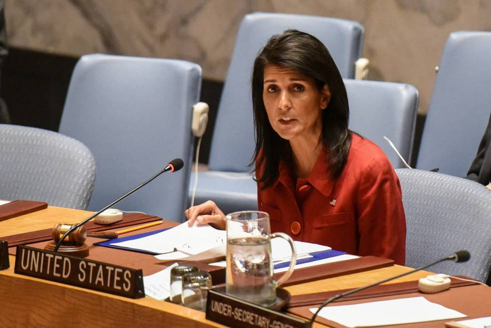 La embajadora Nikki Haley en una intervención ante el Consejo de Seguridad de la ONU el 7 de abril en Nueva York. 