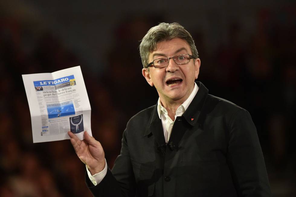 Mélenchon muestra en un mitin la portada de Le Figaro que lo acusa de chavista