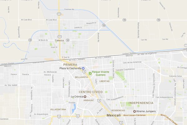 Hoy Calexico es una suerte de suburbio de Mexicali, y las familias se conectan a ambos lados de la frontera. (Google Maps)