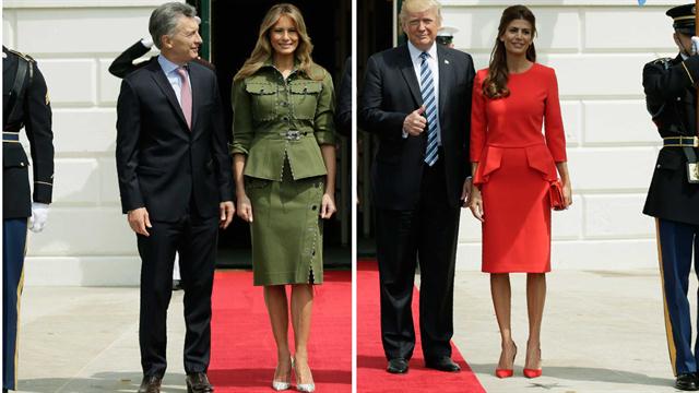 Melania Trump, por su parte, se inclinó por un dos piezas en verde seco con aires safari
