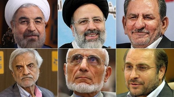 Hassan Rouhani, que irá por su reelección y sus cinco rivales: Ebrahim Raisi, Eshaq Jahangiri, Mostafa Hashemitaba, Mostafa MirSalim y Mohammad Bagher Qalibaf