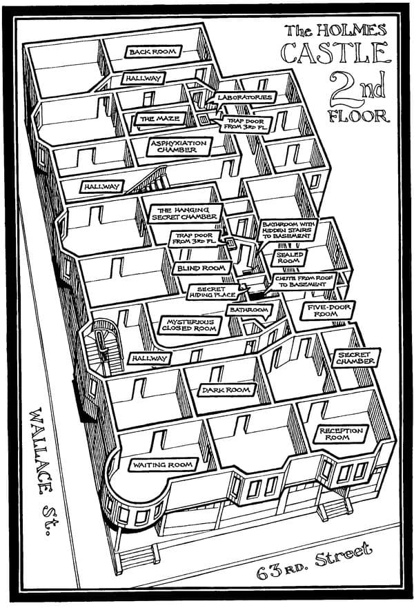 Plano del segundo piso del “Castillo de Holmes”, en Chicago