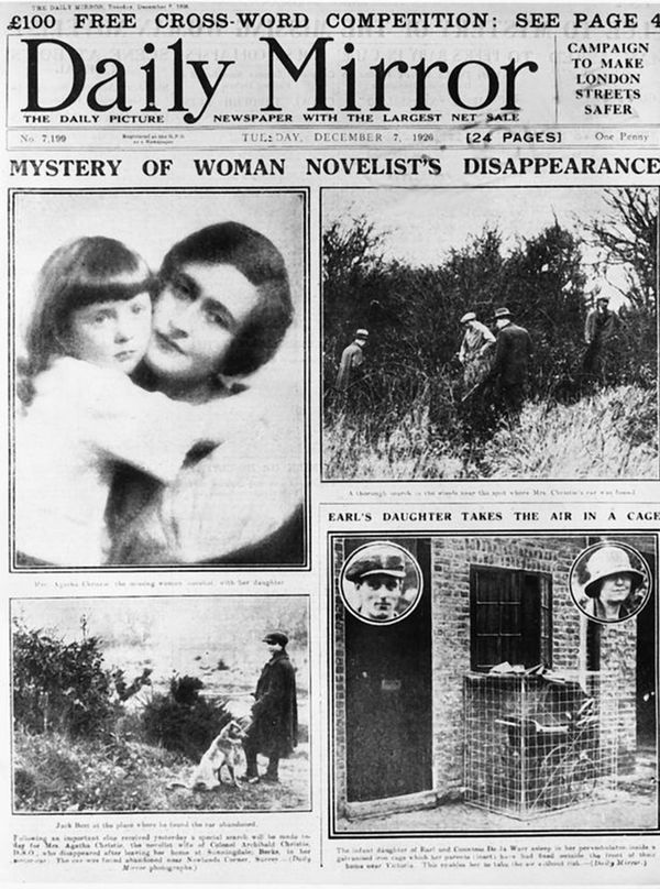 Los medios británicos dieron amplia cobertura a la desaparición de Agatha Christie: “Misterio por la desaparición de la novelista”, tituló el Daily Mirror
