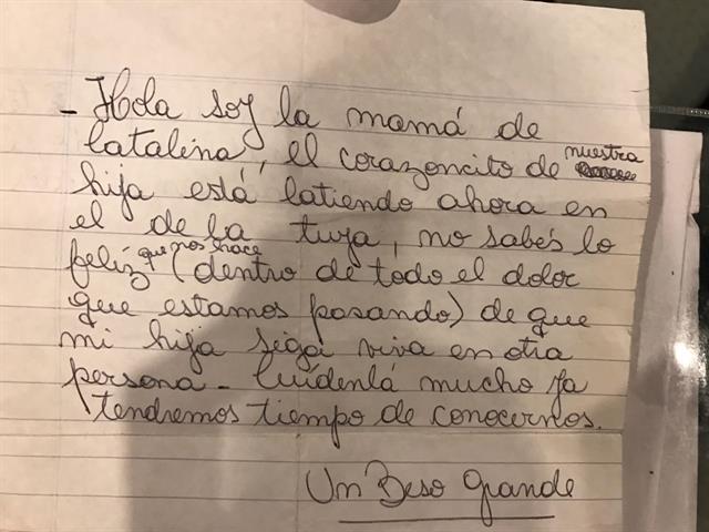 Daniela y su familia recibieron una carta de la mamá de Catalina, la nena que donó su corazón para que ella pudiera seguir viviendo