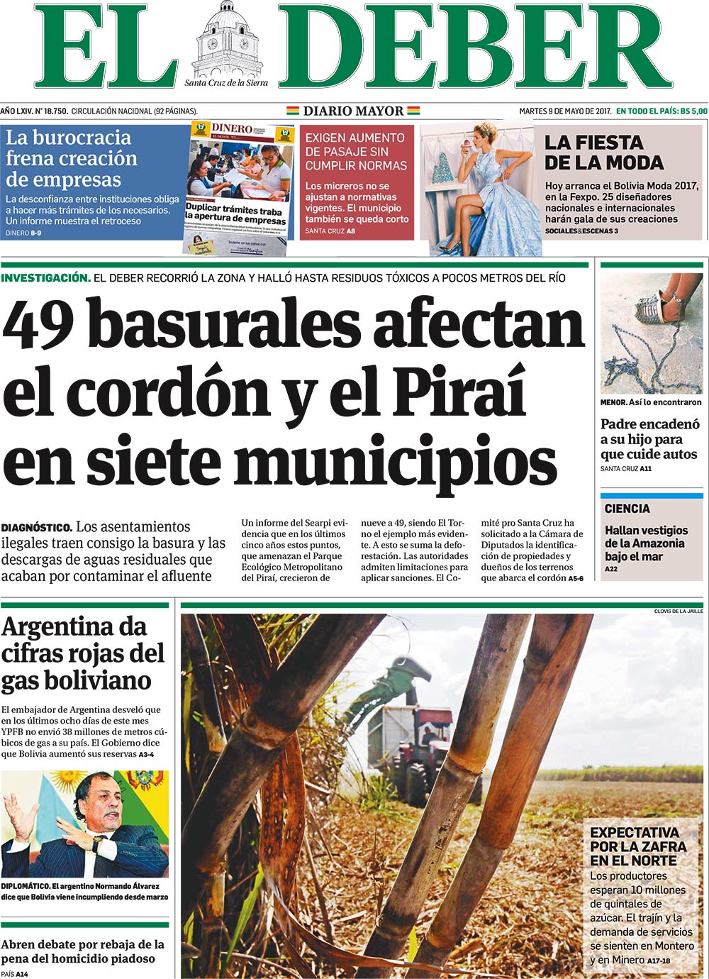 Portadas de peri dicos de Bolivia del martes 9 de mayo de 2017