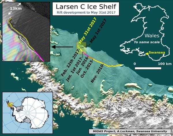 El gráfico hecho por los científicos muestra cómo avanzó en los últimos años la grieta que finalmente quebrará la estructura de hielo. Tiene el tamaño de Shangai o del estado norteamericano de Delaware (Project MIDAS)