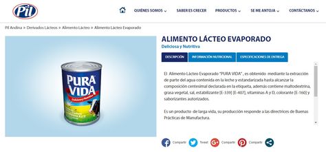 El portal de la empresa Pil Andina que promociona y comercializa Pura Vida en Bolivia.