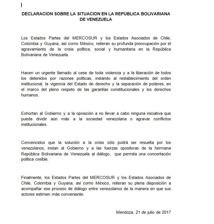 El Mercosur pidió que cese la violencia pero no expulsó a Venezuela