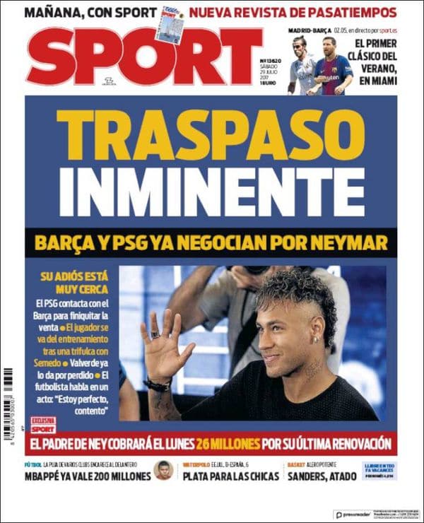 El diario Sport de España anticipa que Neymar se irá al PSG