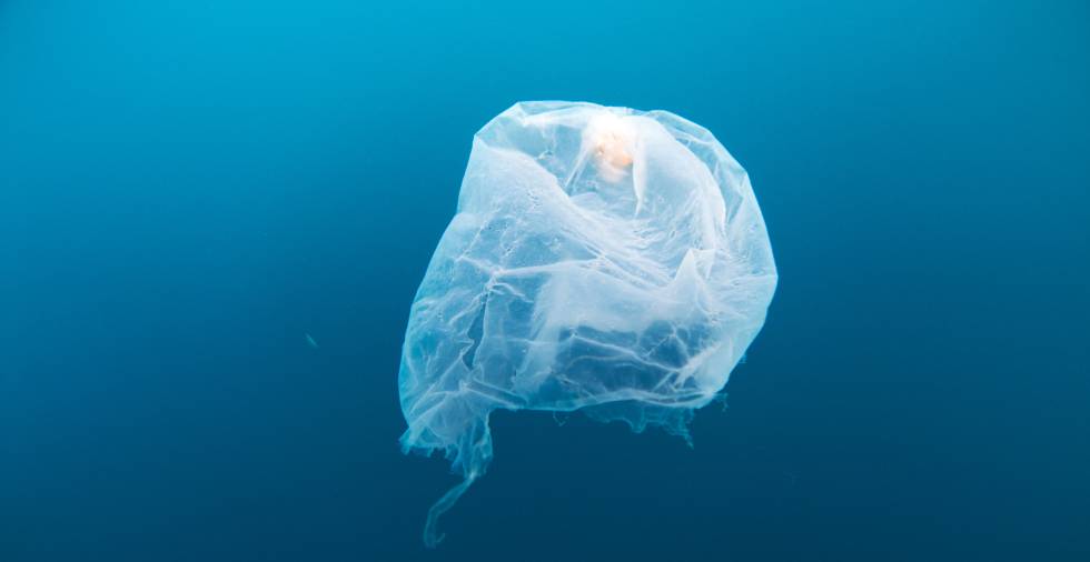 Una bolsa de plástico flota en las aguas de Gorontalo, Indonesia. 