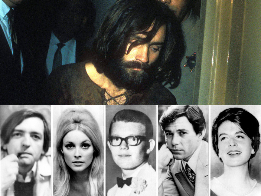 Charles Manson sobre el retrato de las cinco víctimas del gran asesinato de su Familia: Frykowski, Sharon Tate, Steve Parent, Jay Sebring y Abigail Folger.