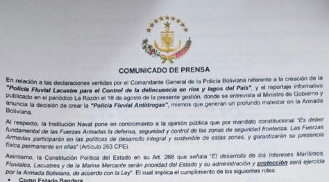 Parte del comunicado que difundió la Armada Boliviana para referirse a la Policía Fluvial.