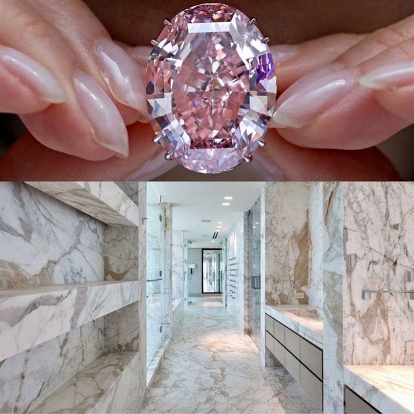 El diamante rosa ofrecido con el penthouse de Regalia (foto no ilustrativa) tendrá un corte y tamaño a definirse al momento del cierre de la venta. Debajo, el baño principal elaborado enteramente en mármol de Carrara