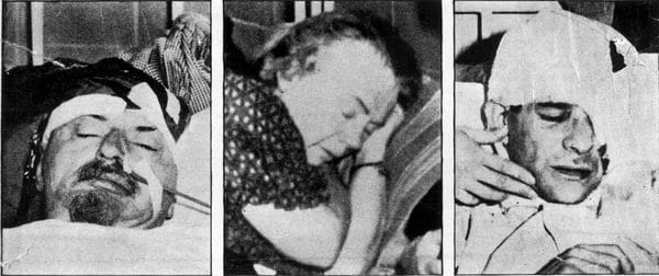 Leon Trotsky en el hospital, su esposa Natlia y Ramón Mercader, quien también resultó herido durante el ataque (Getty Images)