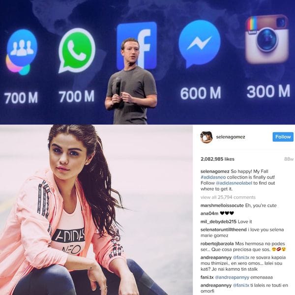 Mark Zuckerberg logró catapultar a Instagram a otra categoría, sin canibalizar a Facebook en el proceso. Debajo, Selena Gomez convertida en la persona más seguida dentro de dicha plataforma
