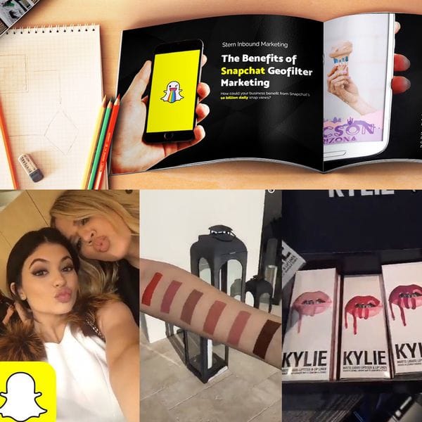 Un manual destaca los beneficios de marketing de los filtros geográficos de Snapchat. Debajo, Kylie Jenner promociona su línea de cosméticos