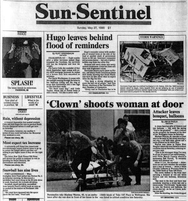 La portada de The Sun-Sentinel del 27 de mayo: “Un payaso mata a una mujer en la puerta (de su casa)”