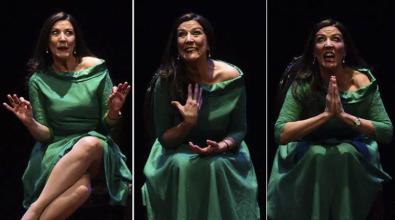 La argentina Carmen Briano, jurado invitada, en tres momentos de su monólogo “La mujer del don”, obra que cerró anoche el festival Peter Travesí en el Achá. Elencos de La Paz y Santa Cruz fueron los mejores. | Daniel James