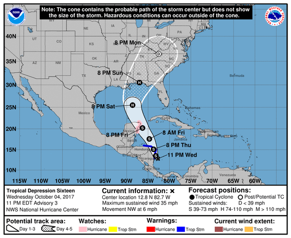 El recorrido posible de la tormenta 16. Boletín de las 11 pm, miércoles 5 de octubre (Centro Nacional de Huracanes)